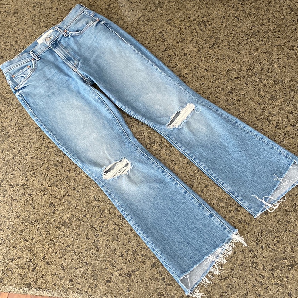 MOTHER Light Blue Distressed Ankle Crop Jeans